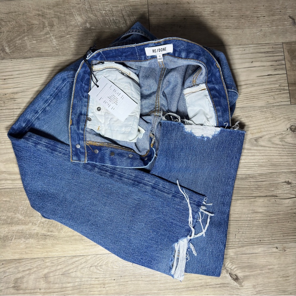 $265 NWT RE/DONE 70s Stove Pipe High Rise Button Fly Knee Rip Jeans Size 25 - Picture 15 of 15